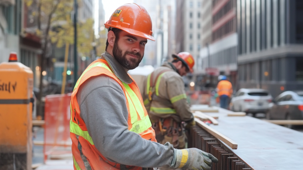 Construction workers adhering to Massachusetts workplace safety regulations.