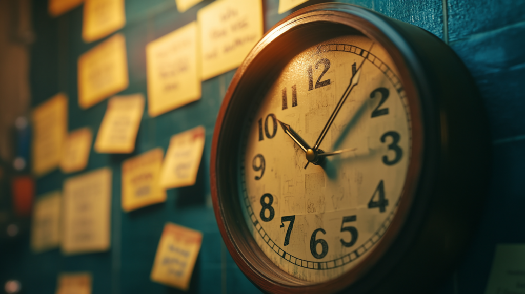 Clock with sticky notes featuring motivational quotes about being late.