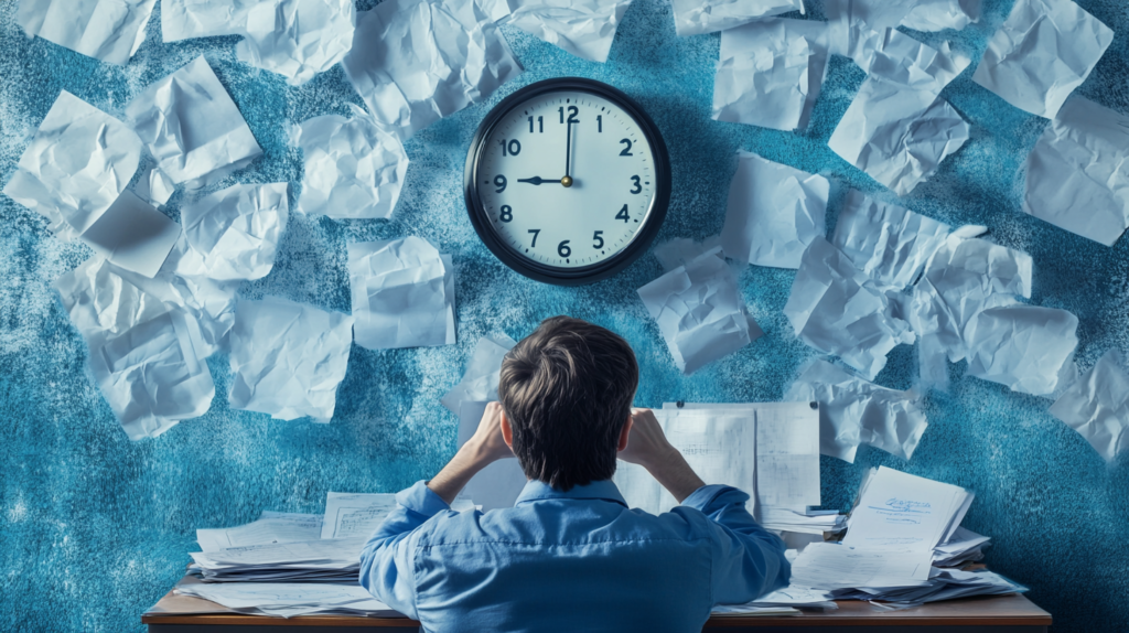 Person at desk staring at clock, symbolizing procrastination and being late.