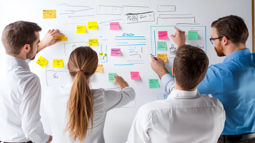 Project managers creating a work breakdown structure on a whiteboard.