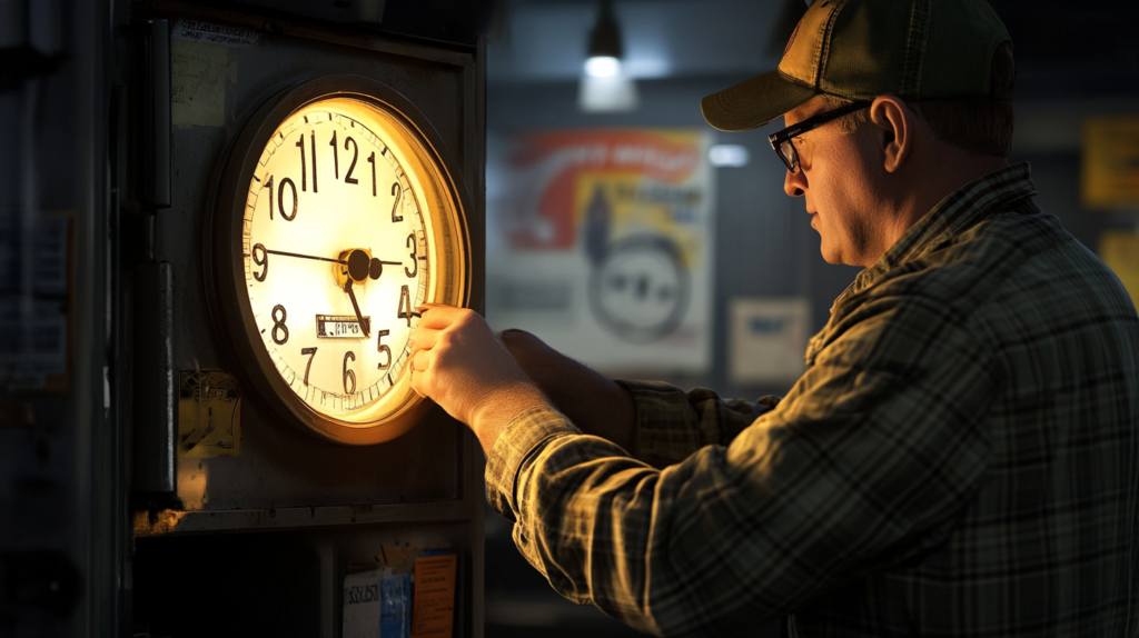 Alabama worker punching time clock for overtime tracking.