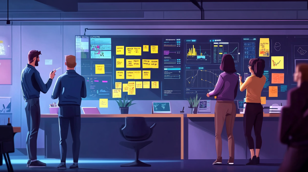 Agile team brainstorming with iterative development tools in an enterprise.