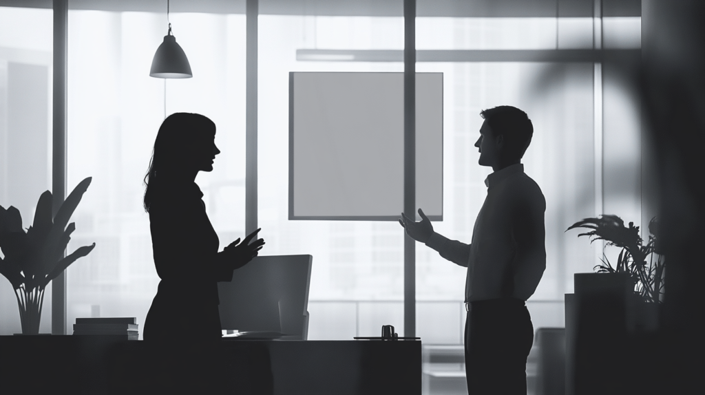 Employees engaged in giving constructive feedback in an office setting.