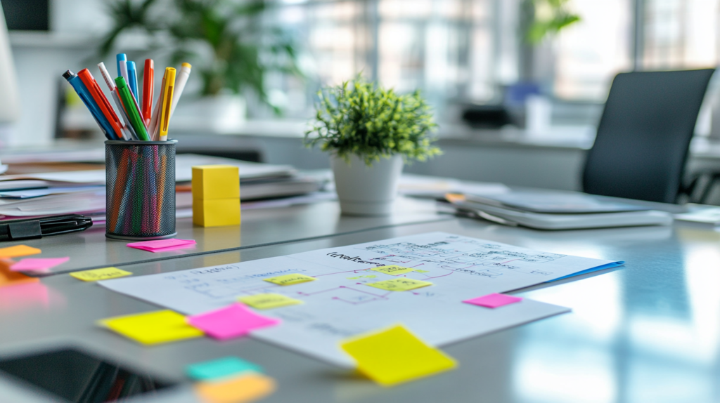 A flowchart on a desk showing the process of creating a project roadmap.