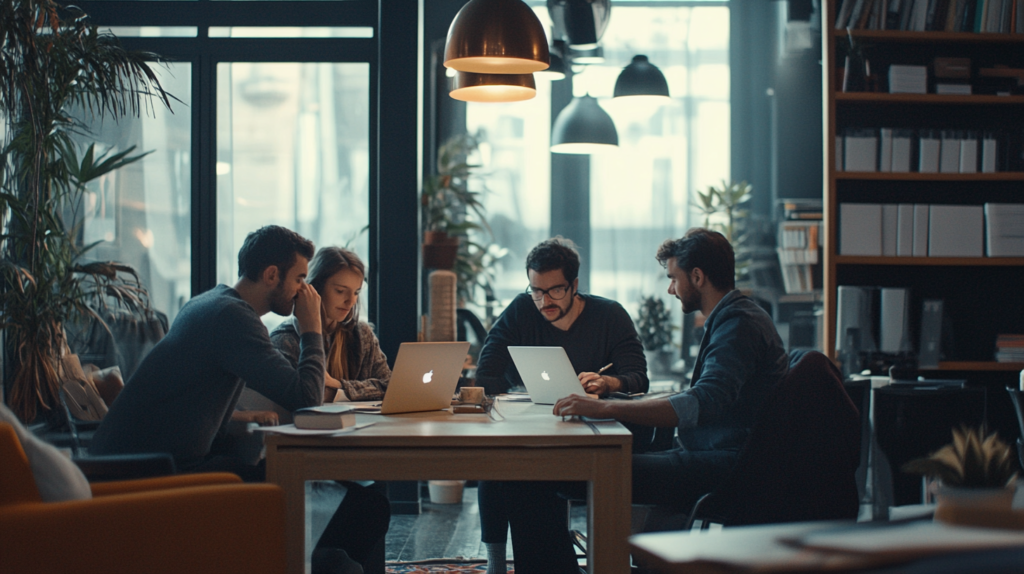 Diverse professionals in France collaborating in office.