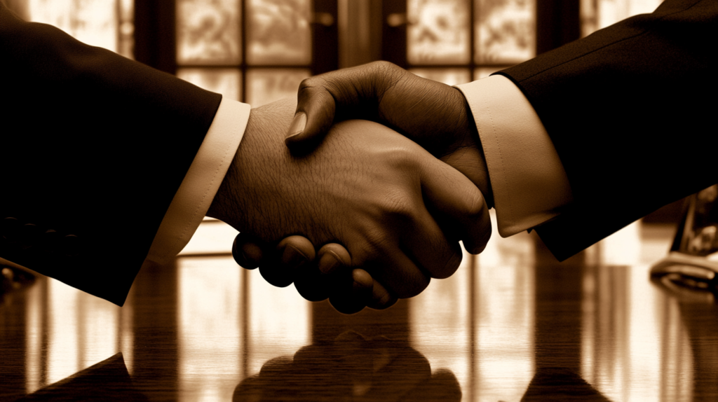 Handshake over a desk symbolizing trust and workplace loyalty.