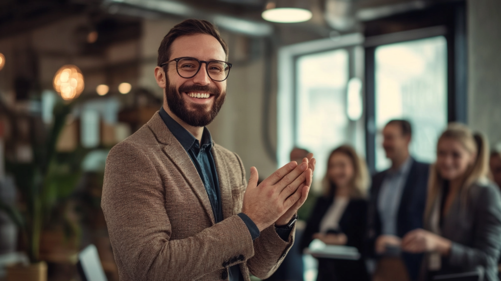 Employee receiving recognition for loyalty in a warm office setting.