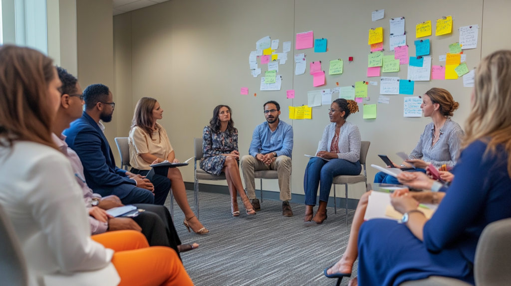 Team collaborating in a feedback session for project improvement.