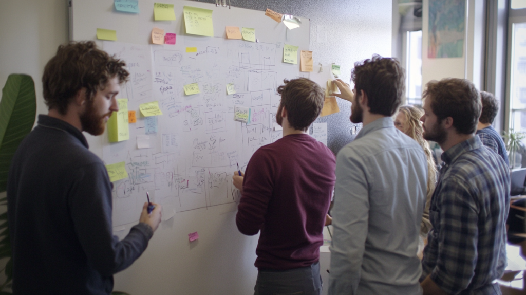 Interns brainstorming ideas at a whiteboard, demonstrating the value of fresh perspectives.