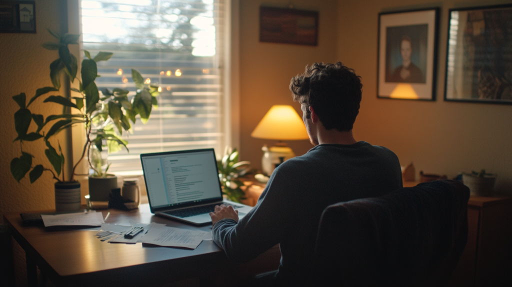 Candidate preparing for a video interview, following tips from the interview guide.