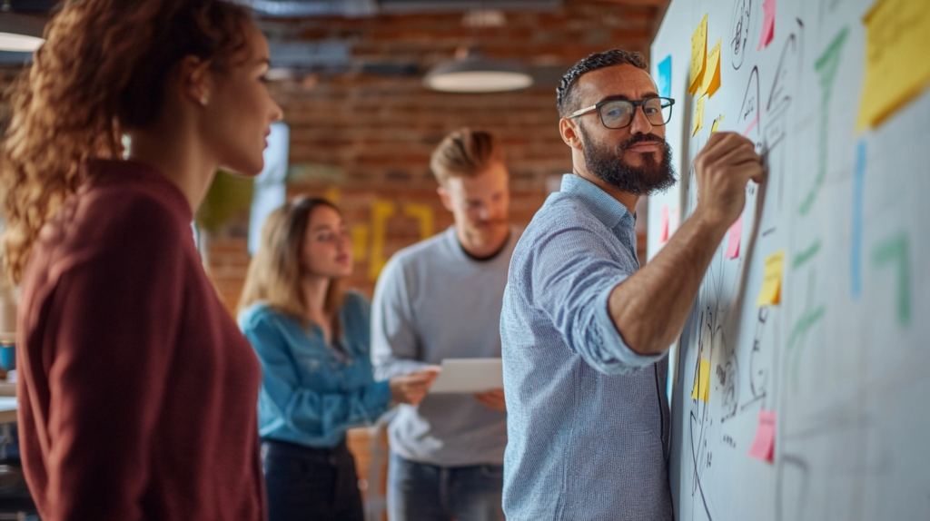 A diverse team collaborating on strategies for managing multiple projects.