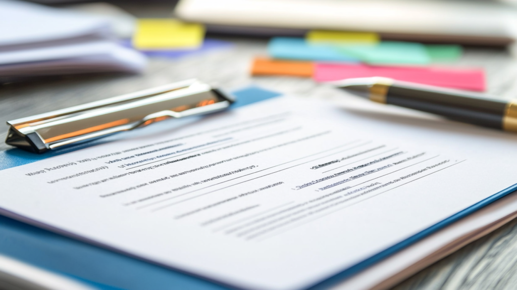 Close-up of a printed meeting agenda template with sticky notes on a desk.