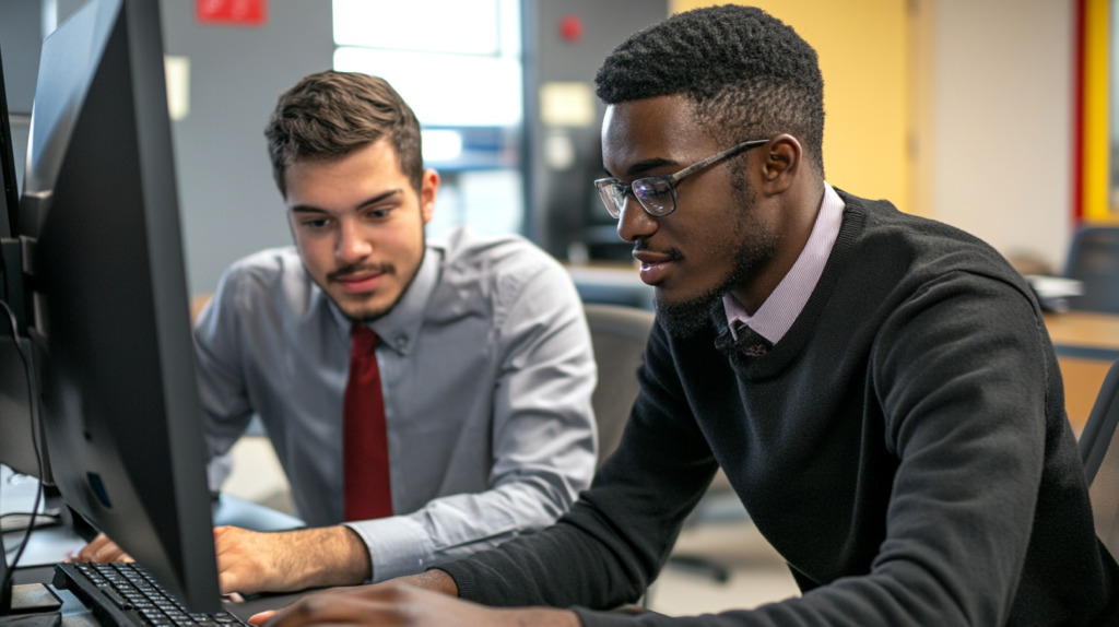 Intern working under the guidance of a mentor in an office environment.