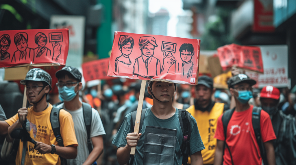 Workers holding signs showing minimum wage levels in Taiwan, 2025.