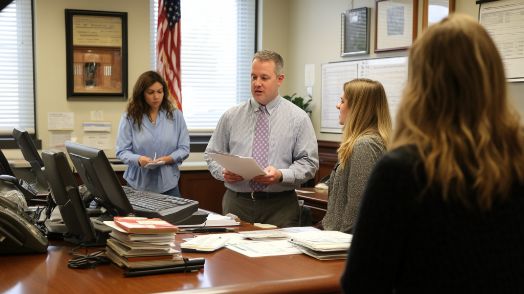 Payroll manager and employees discussing compliance in Massachusetts workplace.