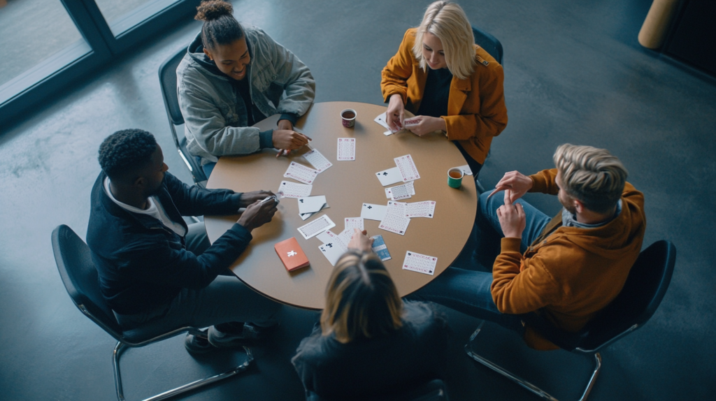 Team playing planning poker for user story estimation in Agile.