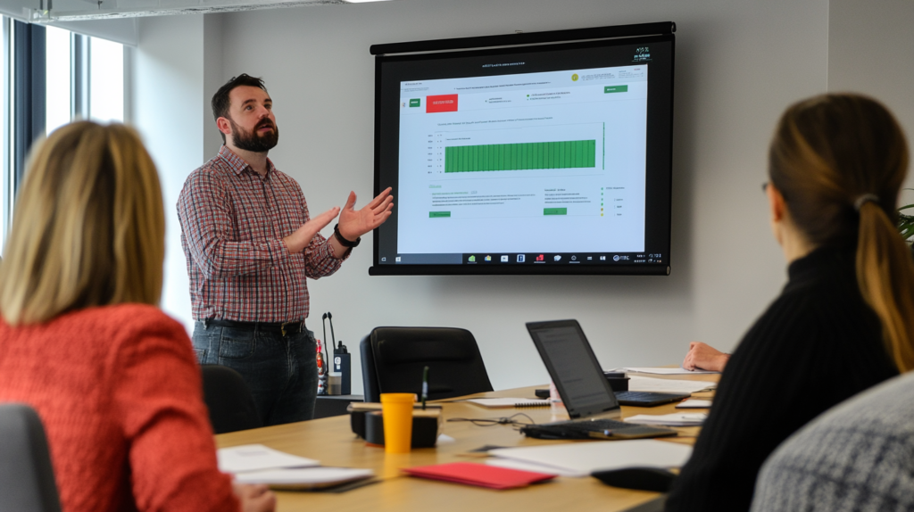 Team leader presenting project status updates in a meeting room.