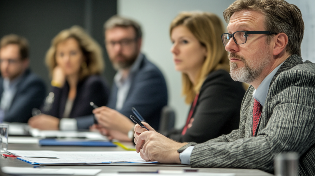 Employees discussing capacity planning and resource allocation strategies in a meeting.