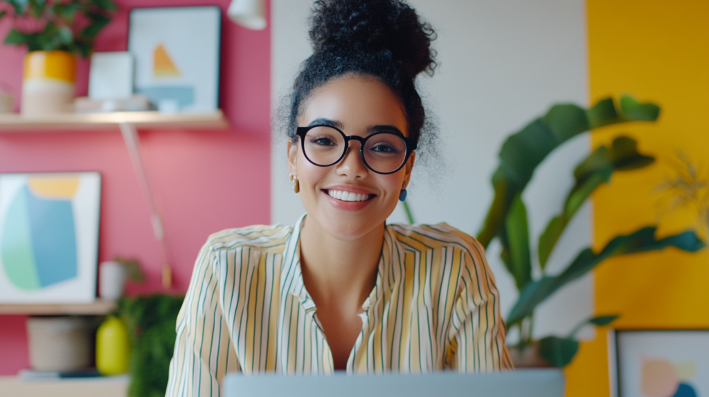 A Zoom participant using a colorful virtual background during a meeting.