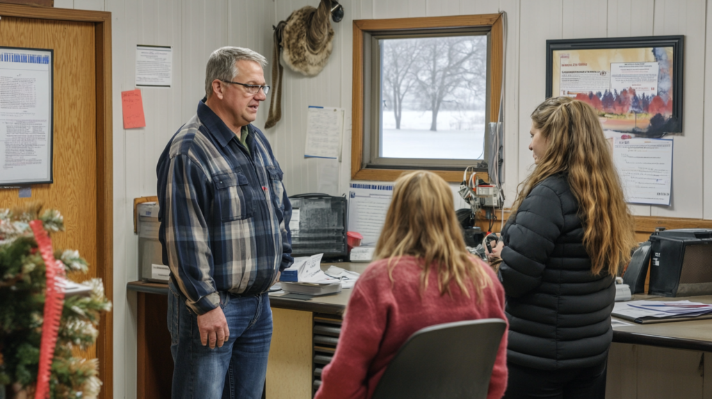 Employer discussing wage compliance with South Dakota employees.