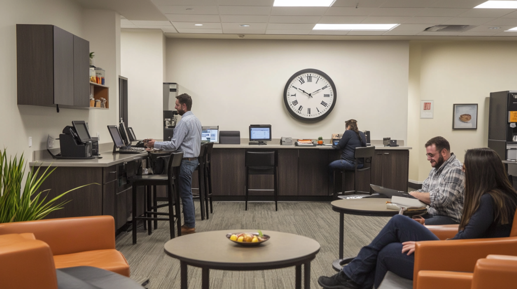 Break room with employees reflecting Alabama meal and rest laws.