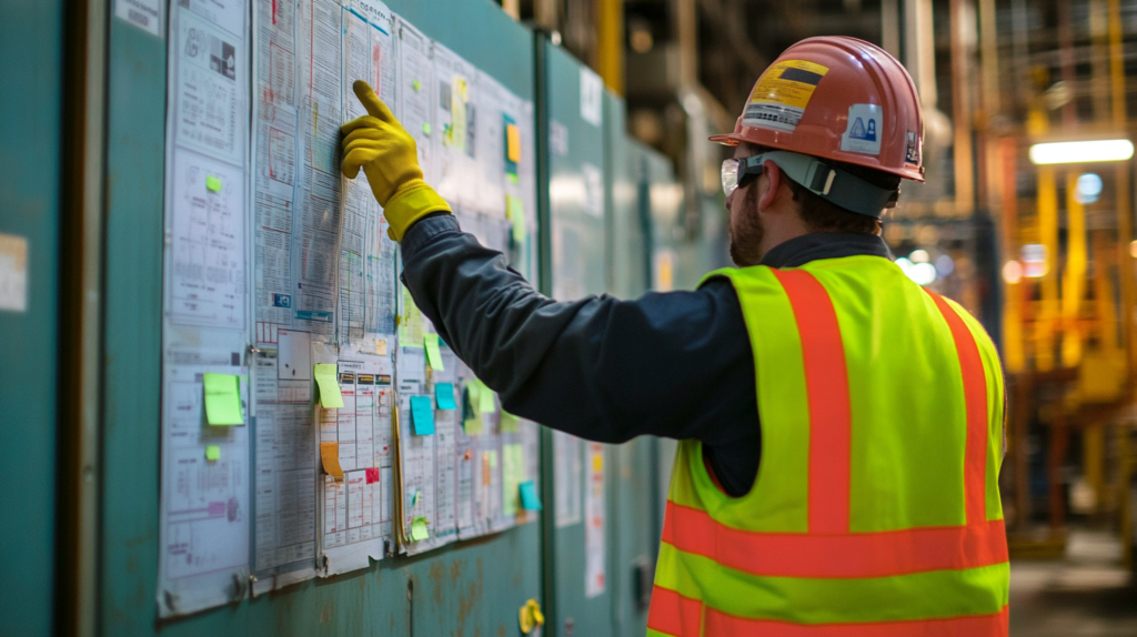 Worker in safety gear near OSHA compliance board, Alabama labor laws.