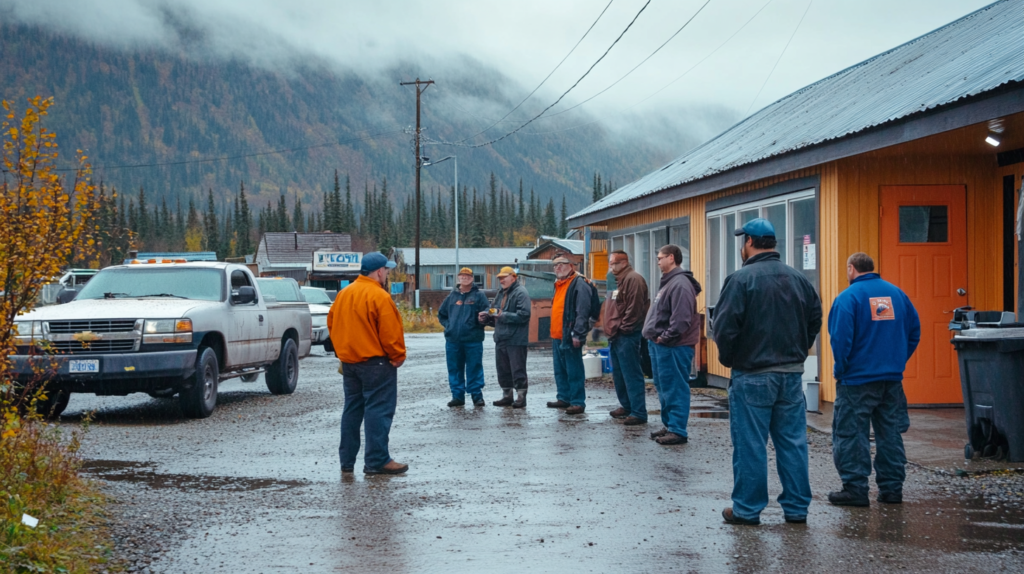 Manager explaining overtime pay rules to employees in an Alaskan workplace.