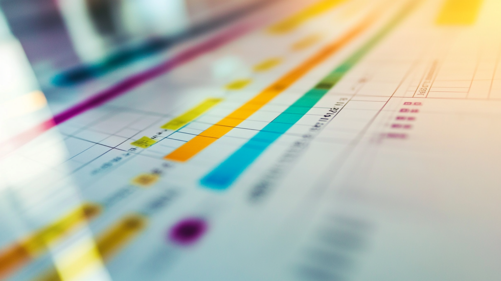 Gantt chart with task dependencies and resources.