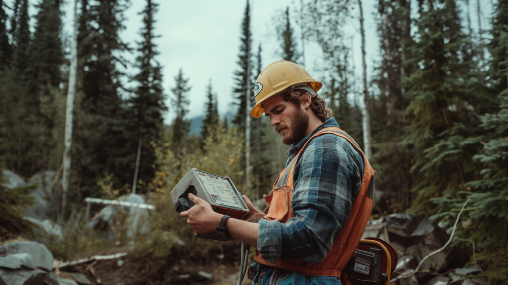 Construction worker logging hours to comply with Alaska overtime laws.