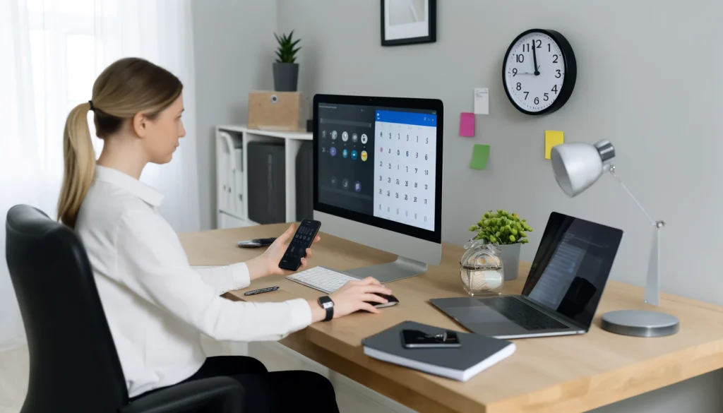 Remote worker managing time effectively at a modern home office desk