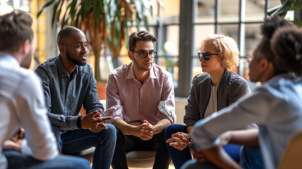 A diverse group of employees in a modern office setting, engaging in a feedback session with their manager, demonstrating how to get better feedback from employees.