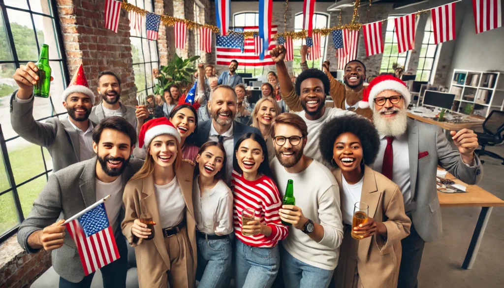 Employees celebrating a federal holiday in the workplace with decorations and smiles.
