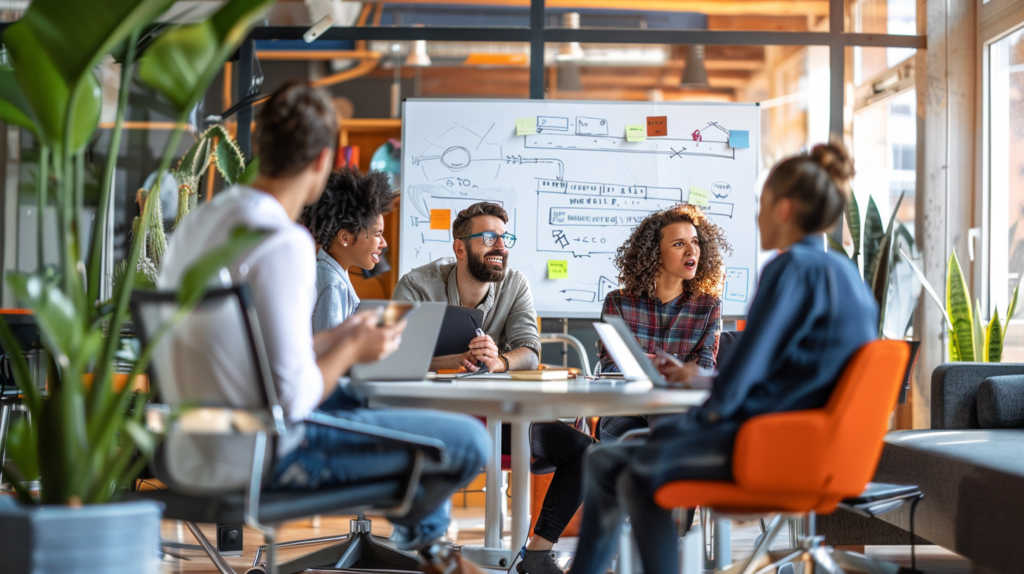 Employees discussing their 2 3 schedule on a whiteboard in a modern office.