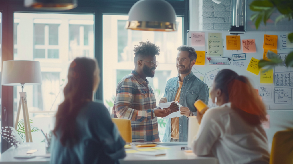 A team of employees discussing rotating shift work patterns on a whiteboard in a brightly lit office.