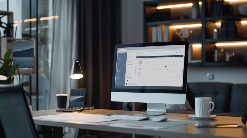 A time-efficient workspace setup with a computer displaying a time-tracking app, a planner, and a coffee cup in a home office.