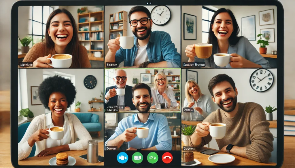 Remote employees participating in a virtual coffee break, showcasing a virtual team activity for team bonding.