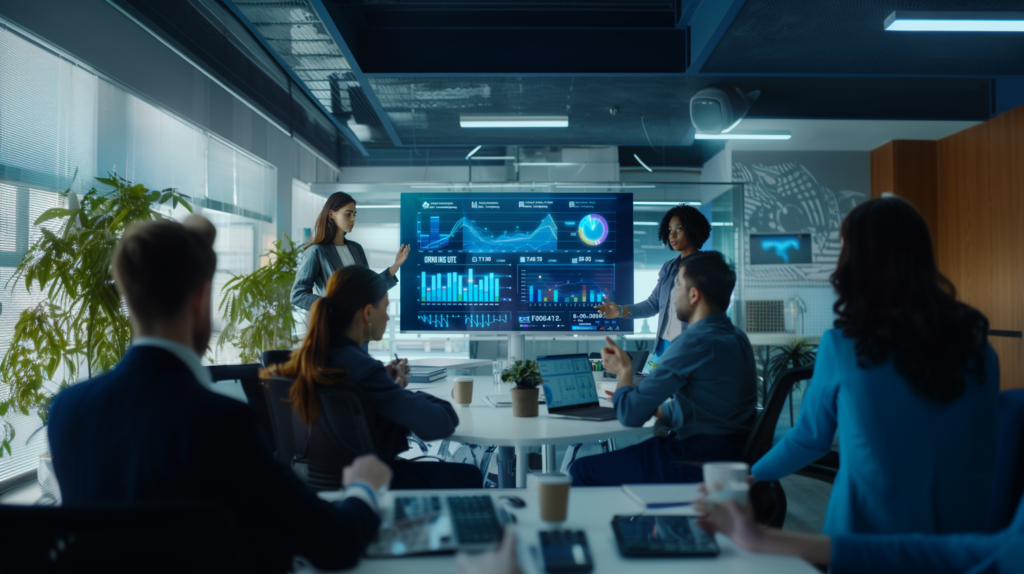 A team of employees in an office discussing workflow efficiency using a productivity calculator on a large screen.