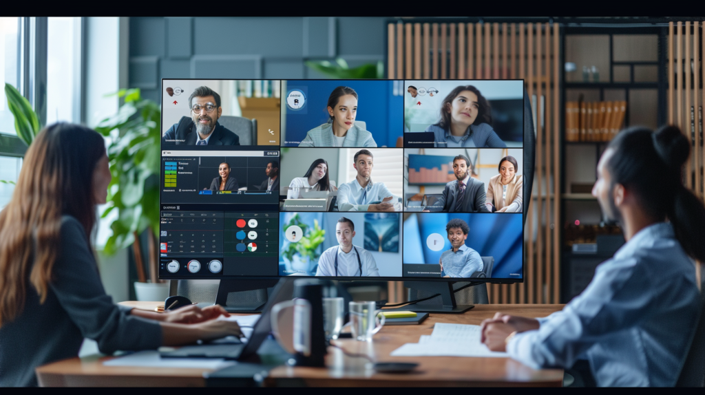 A diverse team of remote workers in a virtual meeting practicing scheduled teamwork with visible time zones and shared calendars.