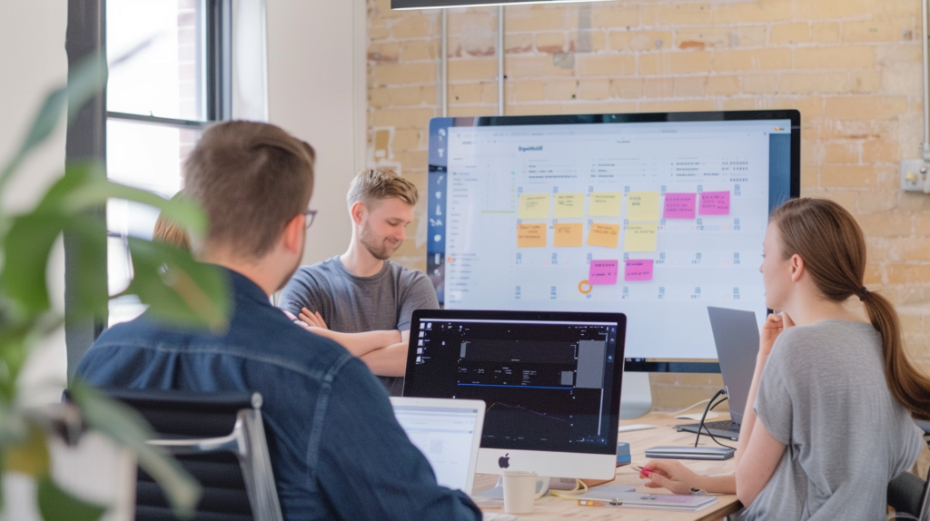 Team members collaborating in an office using project management tools to optimize team time.