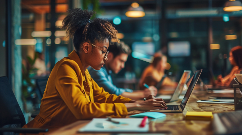 A team of professionals using time management tools in a modern office setting to enhance productivity and collaboration.