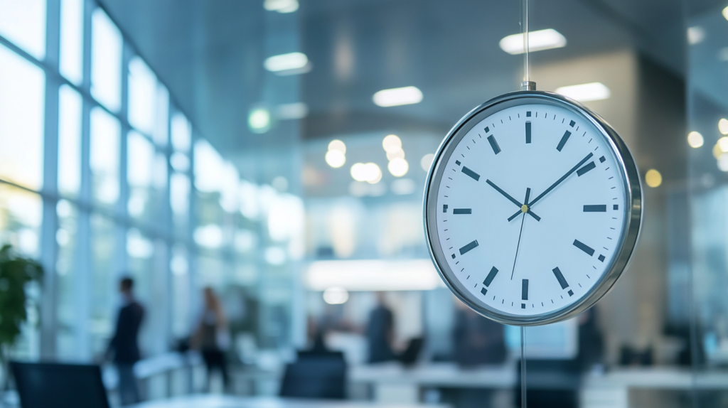 Digital clock in a modern office with employees clocking in and out, highlighting time clock rounding.