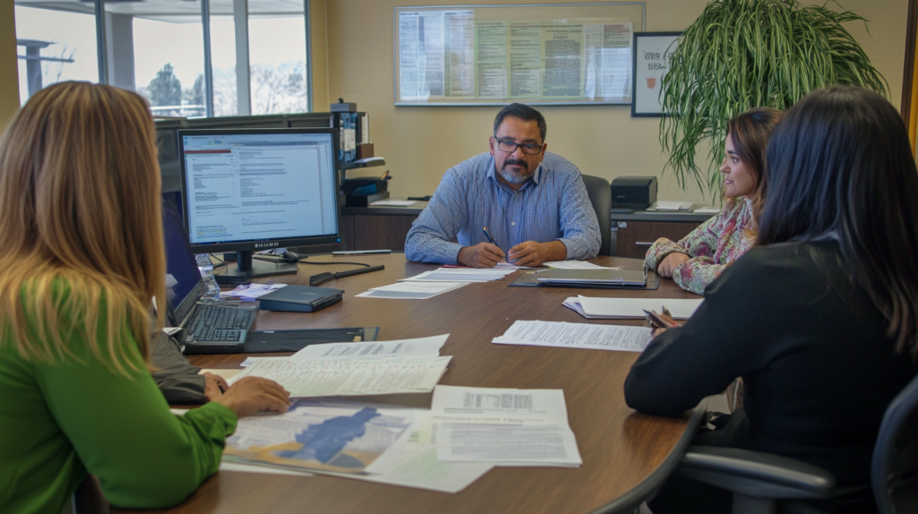 Employees discussing Arizona labor laws around a conference table with legal documents and a computer.