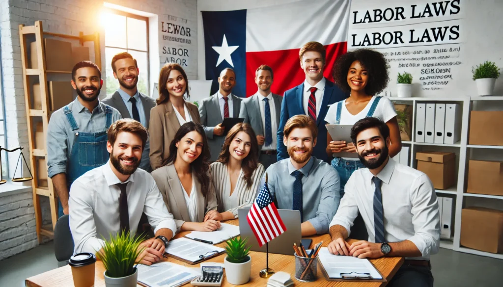 Employees in an office with a Texas state flag and a whiteboard showing Texas labor laws.