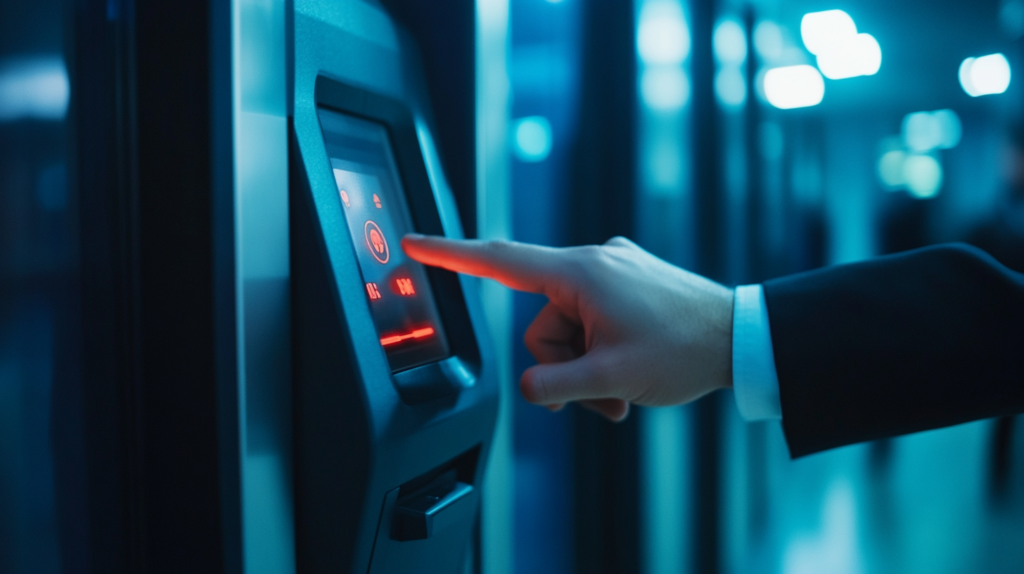 An employee using a biometric time card machine to scan their fingerprint and track work hours in real-time.