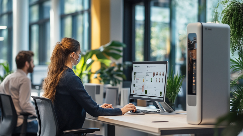 Employees using a biometric time clock system with fingerprint and facial recognition in a modern office.