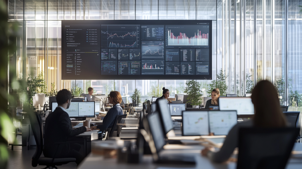 Office team working with a staff tracker displayed on a large screen to boost productivity