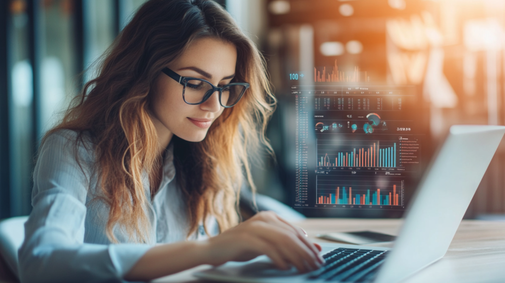 Businesswoman using online invoicing software on a laptop with financial charts and graphs in the background.