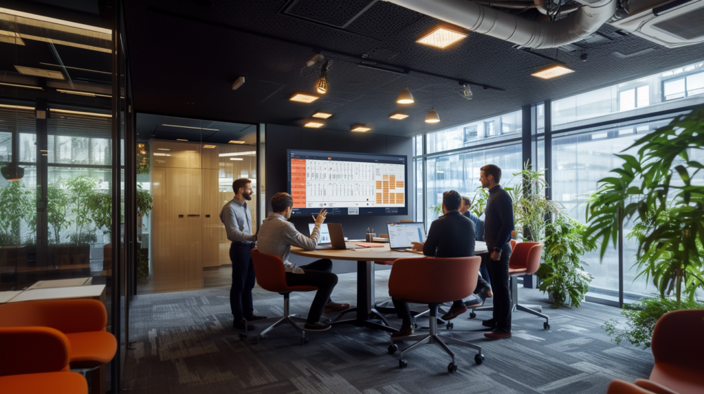 Digital calendar with 2 2 3 work schedule shown in a modern office.