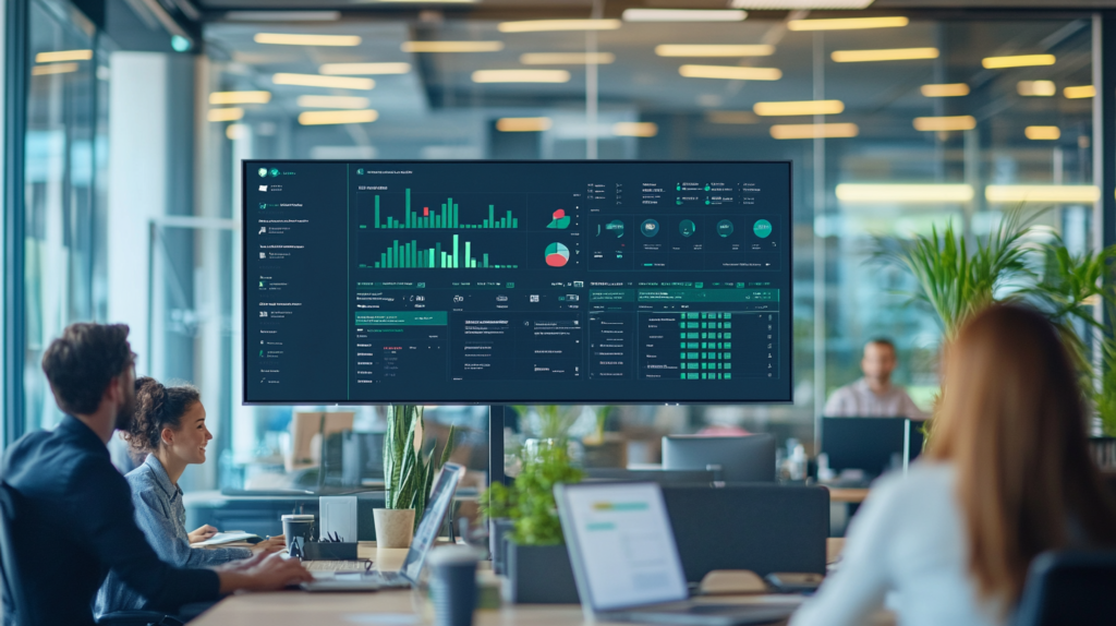 Digital dashboard showcasing efficient employee scheduling software in a modern office setting.