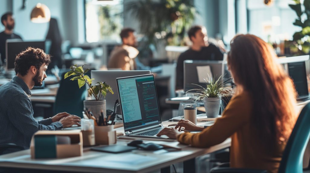 Office scene demonstrating worker efficiency through teamwork and productivity.